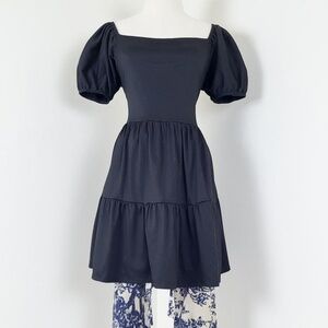 Black Mini Puff Sleeve Dress Milkmaid Peasant Tiered Empire Waist